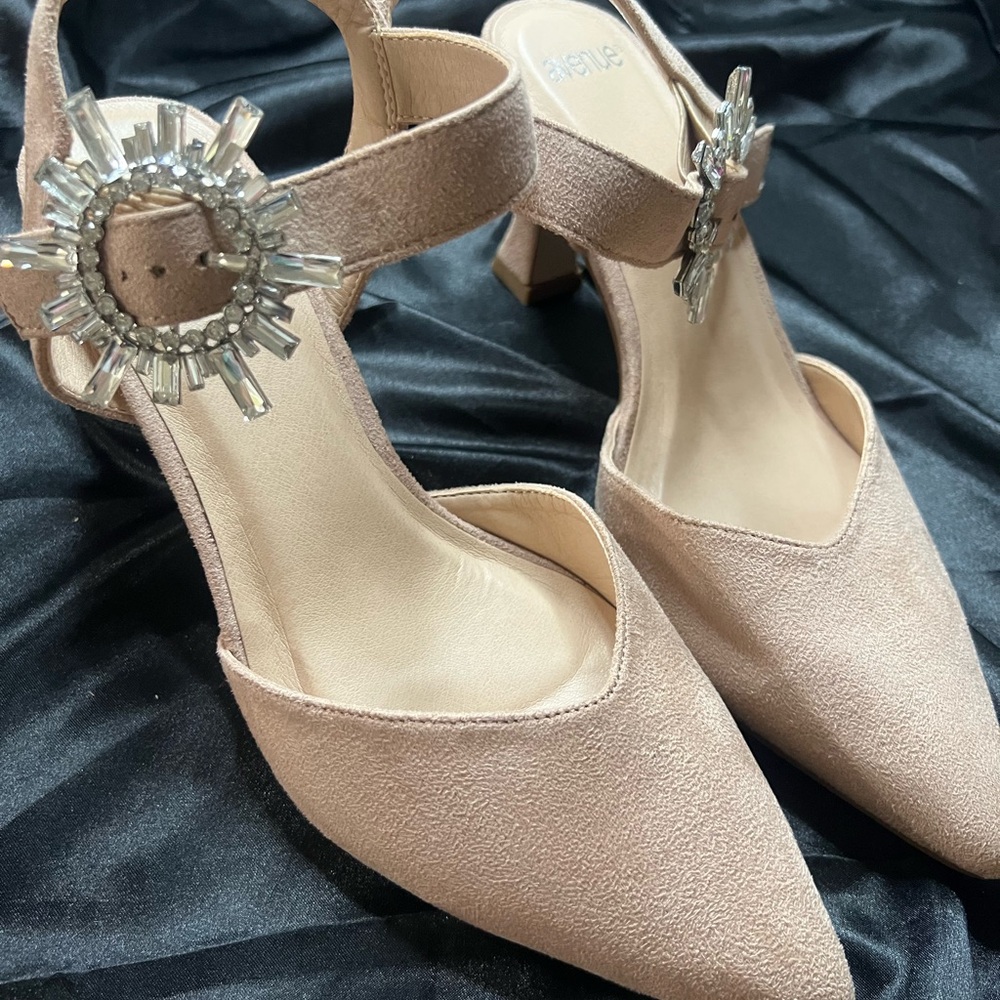 Avenue Blush Pink Pointed Toe Block Heel Slingbacks with Crystal Buckles